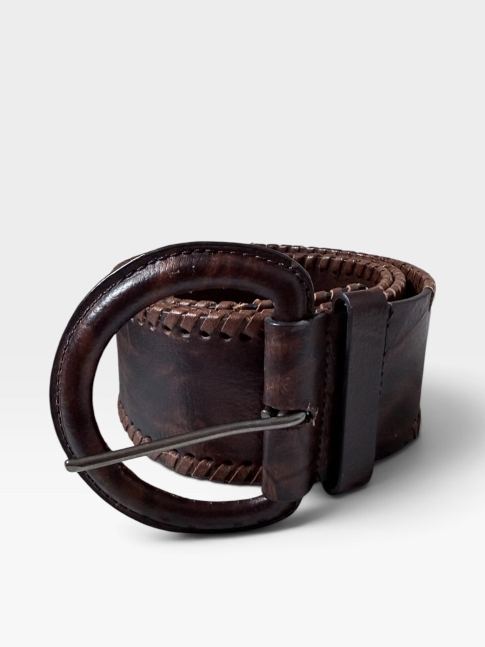 Lake Shore Drive Wide Brown Leather Belt Whipstitch Edges Western Boho